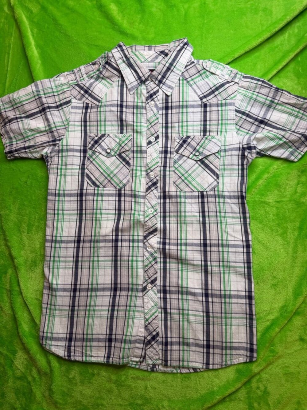 Black Jack M Plaid Short Sleeve Button-Up Shirt Green/Blue Checkered